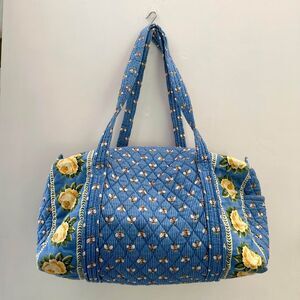 Vera Bradley Medium Blue Shoulder Duffle Bag Bumble Bees & Yellow Roses